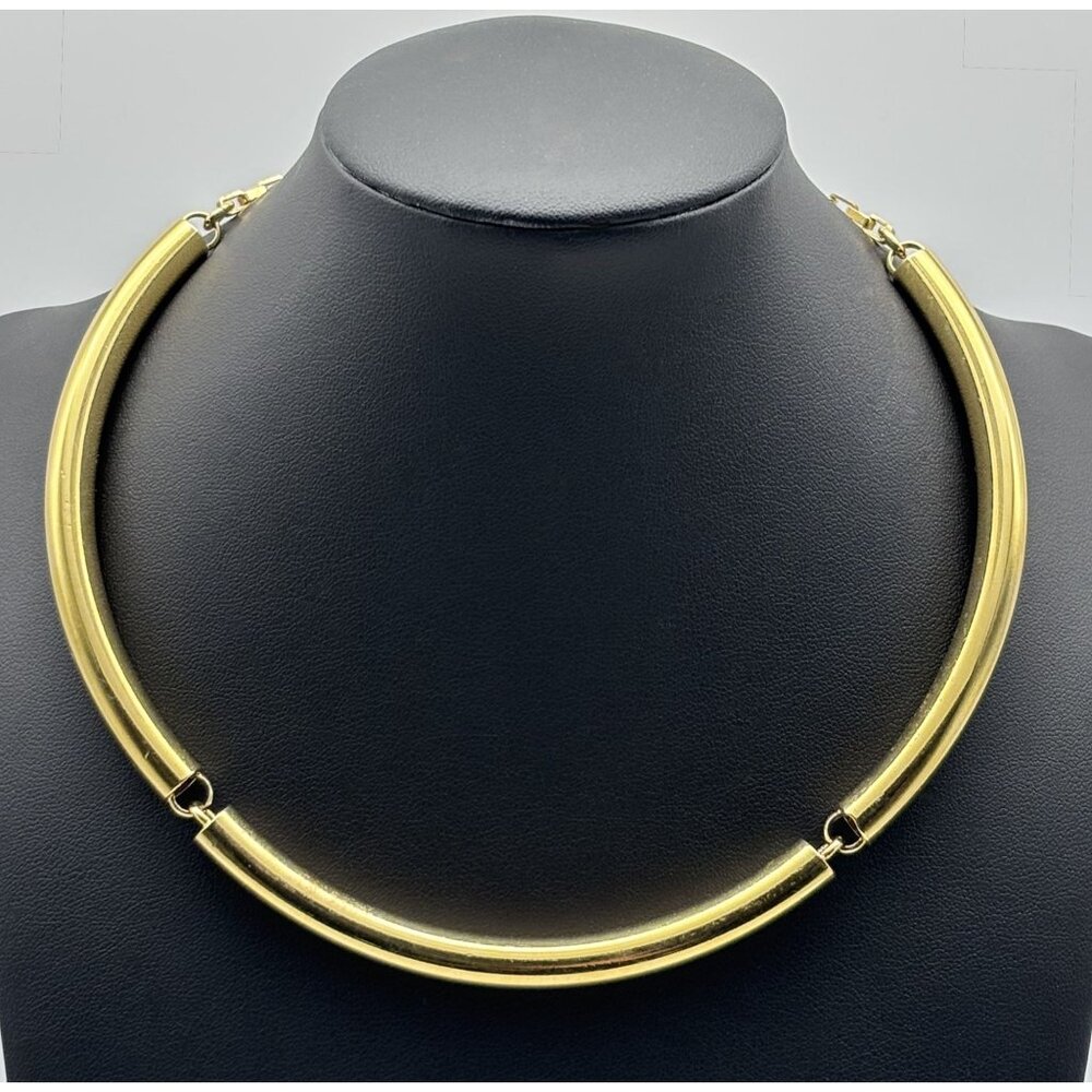 Vintage Ann Taylor Gold-Tone Curved Tubular Necklace Collar Adjustable, Logo Tag - Picture 1 of 13